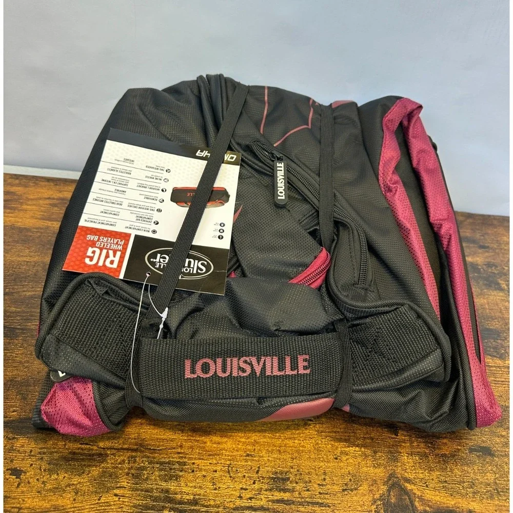 NEW Louisville Slugger Omaha Rig Wheeled Bag Black Scarlet Red Baseball 35x12x12